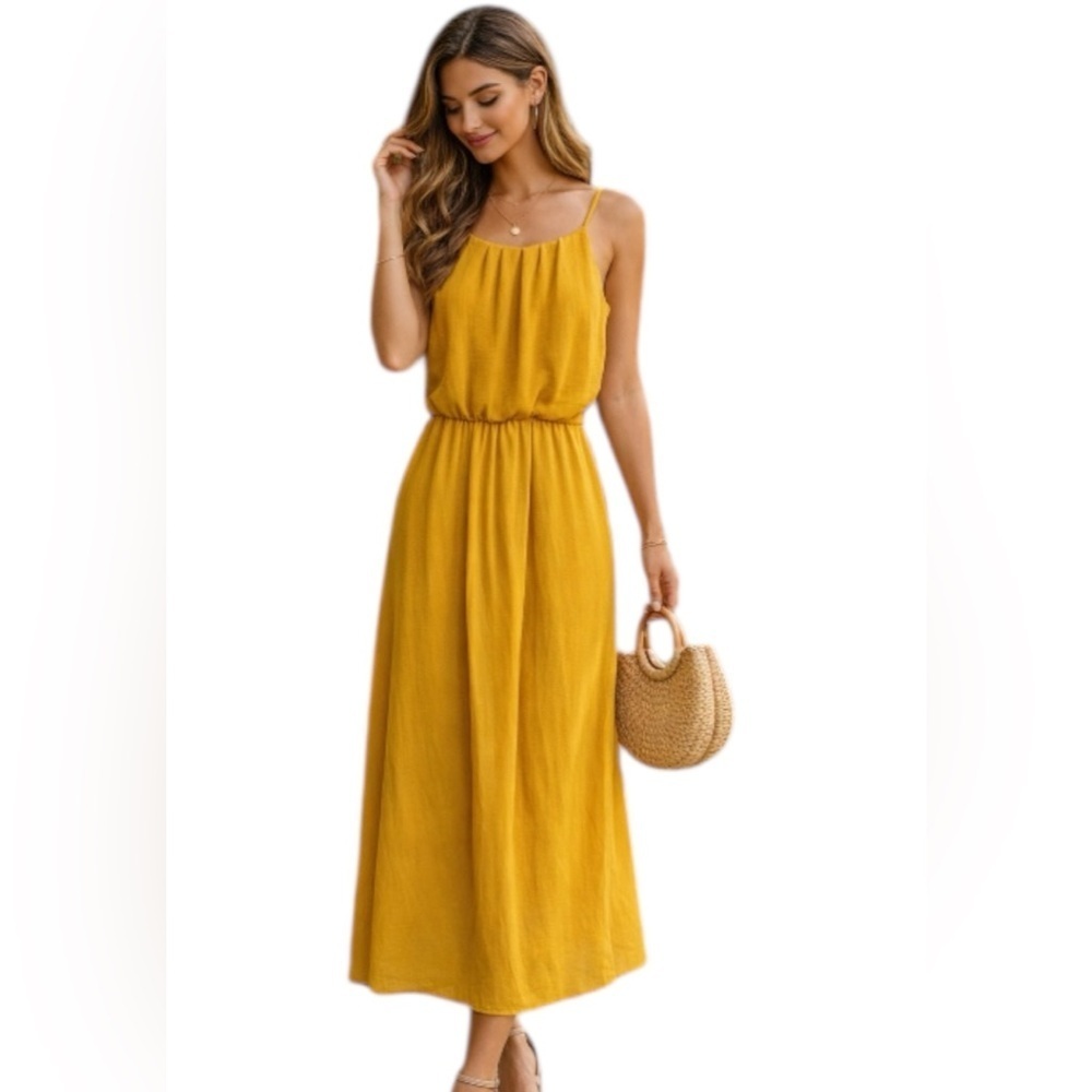 Tacera Mustard Yellow Midi Dress Spaghetti Straps Elastic Waist Petite Small